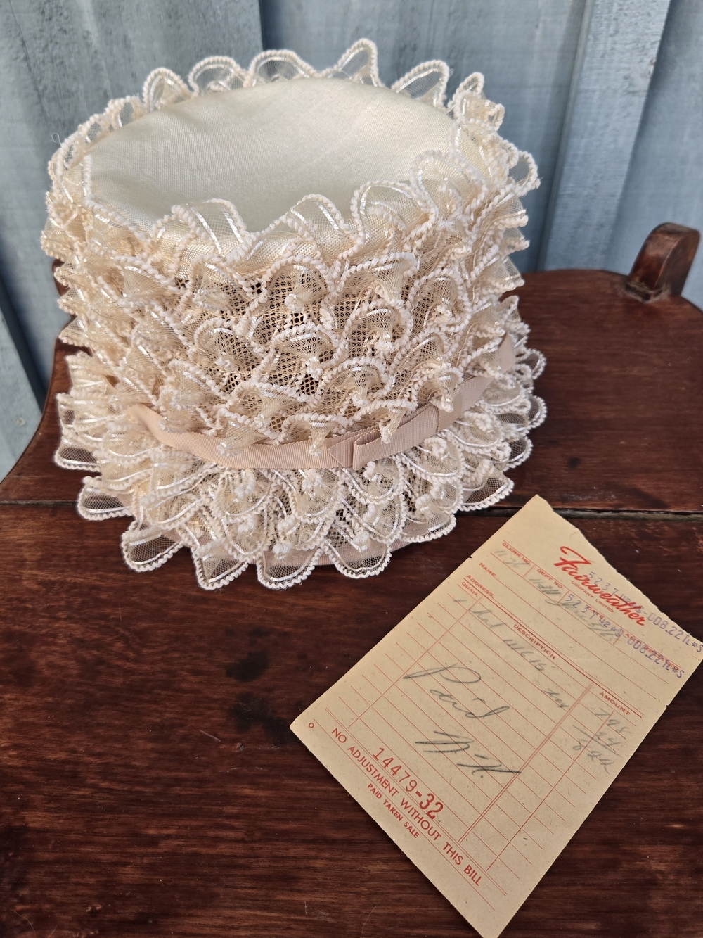 Vintage 1960's Tiered Lace Pillbox Hat in Soft Ivory With Original Hat Box